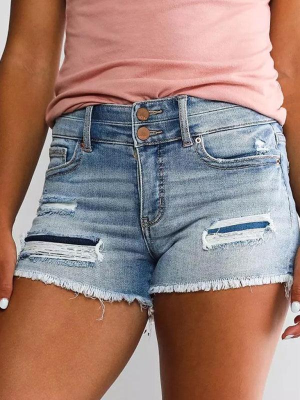 Women's High Waist Two Button Fashion Ripped Denim Shorts - 808Lush