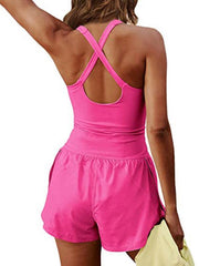 Women's Hollow Cross Loose Fitness Wear Tank Top Jumpsuit - 808Lush