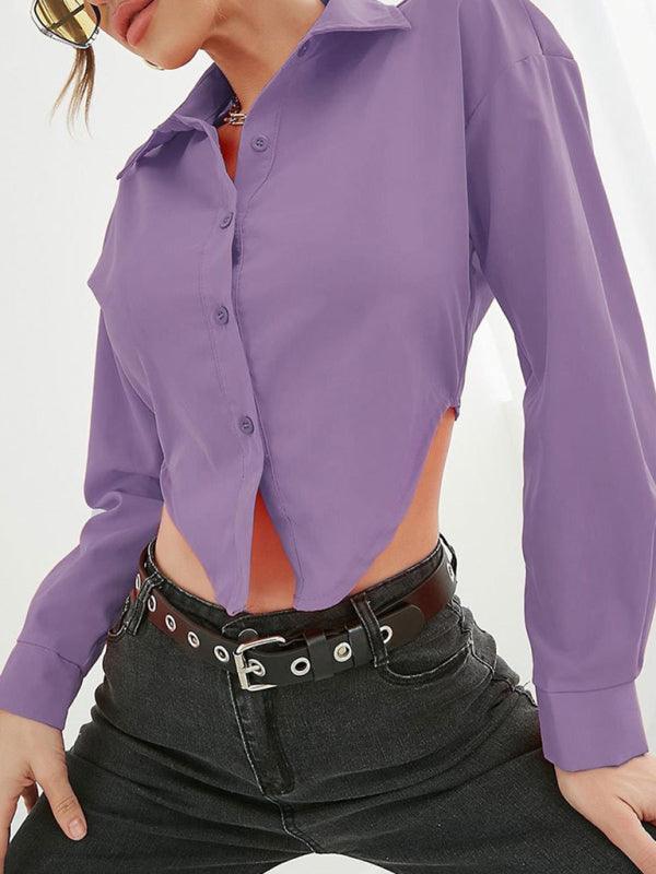 Women's Irregular Hem Lapel Elegant Long Sleeve Shirt - 808Lush