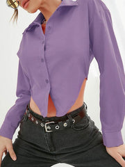 Women's Irregular Hem Lapel Elegant Long Sleeve Shirt - 808Lush