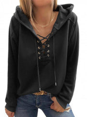 Women's Knit Solid Eyelet Lace-Up Hoodie - 808Lush