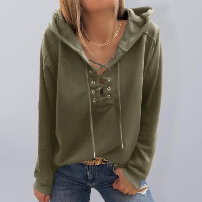 Women's Knit Solid Eyelet Lace-Up Hoodie - 808Lush