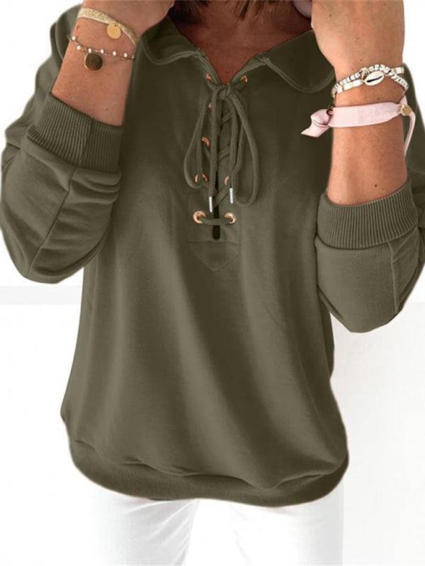 Women's Knit Solid Eyelet Lace-Up Hoodie - 808Lush