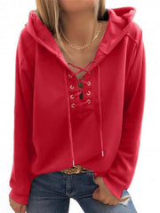 Women's Knit Solid Eyelet Lace-Up Hoodie - 808Lush