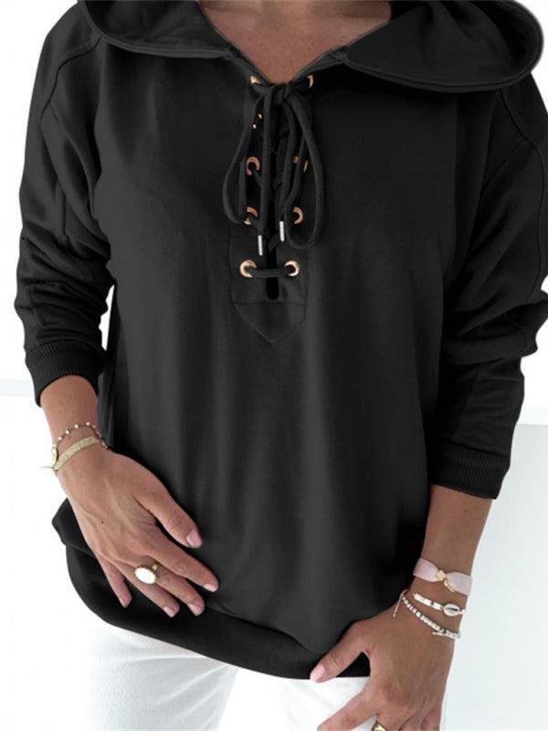 Women's Knit Solid Eyelet Lace-Up Hoodie - 808Lush