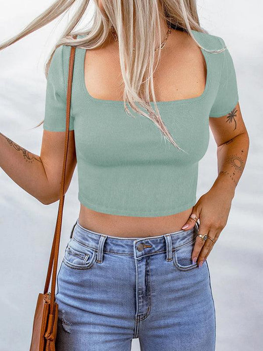Women's Knit Square Neck Cropped Short Sleeve T-Shirt - 808Lush