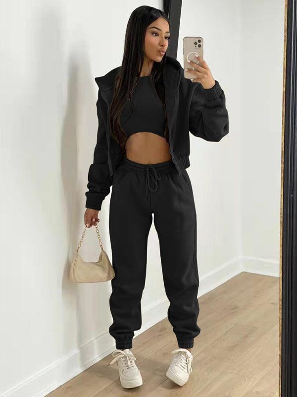 Women's Knitted Casual Sports Fleece Hooded Three-piece Suit - 808Lush