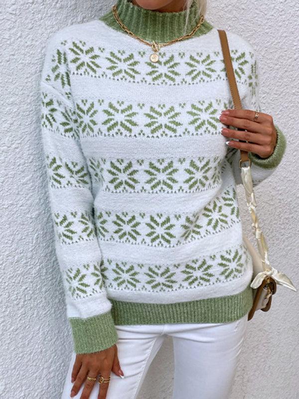 Women's Knitted Half Turtleneck Christmas Snowflake Sweater - 808Lush