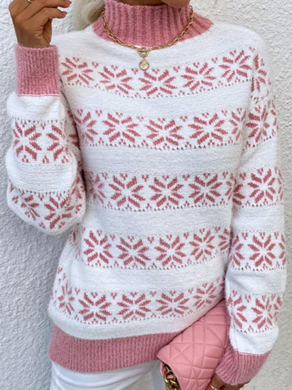 Women's Knitted Half Turtleneck Christmas Snowflake Sweater - 808Lush