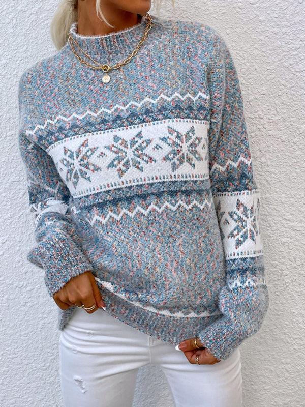 Women's Knitted Half Turtleneck Snowflake Christmas Sweater - 808Lush