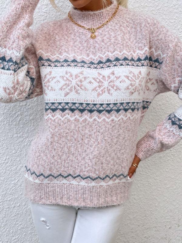 Women's Knitted Half Turtleneck Snowflake Christmas Sweater - 808Lush