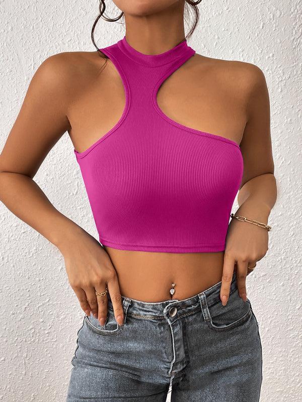 Women's Knitted Round Neck Cropped Asymmetrical Crop Tank Top - 808Lush