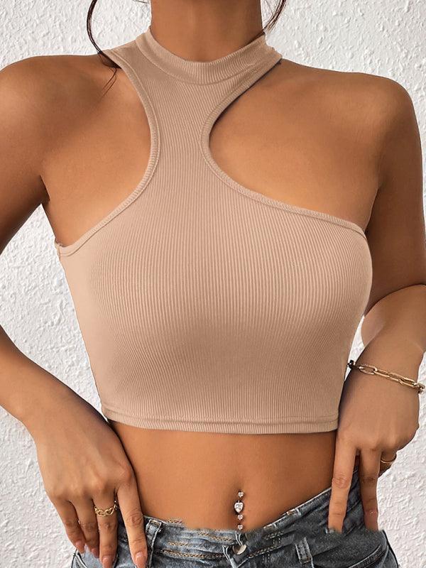 Women's Knitted Round Neck Cropped Asymmetrical Crop Tank Top - 808Lush