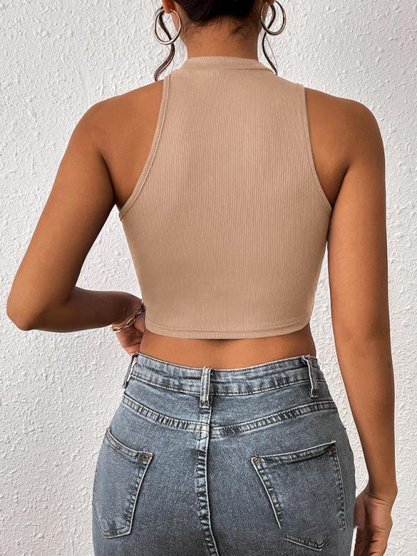 Women's Knitted Round Neck Cropped Asymmetrical Crop Tank Top - 808Lush