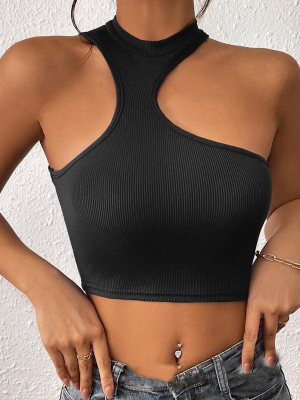 Women's Knitted Round Neck Cropped Asymmetrical Crop Tank Top - 808Lush