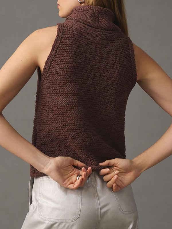 Women's Knitted Sleeveless Scarf Collar Street Fashion Sweater Vest - 808Lush