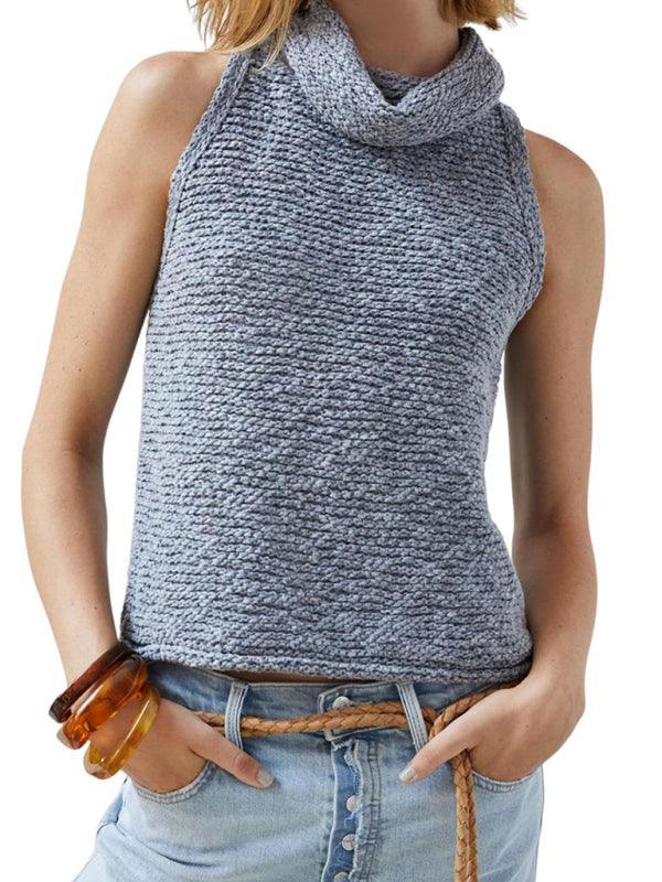 Women's Knitted Sleeveless Scarf Collar Street Fashion Sweater Vest - 808Lush