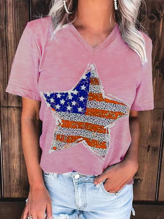 Women's Knitted V-Neck Independence Day Short Sleeve T-Shirt - 808Lush