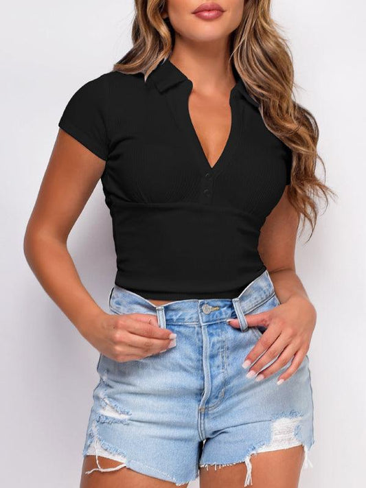 Women's Knitted Vintage Cropped Polo Neck Short Sleeve Casual T-Shirt - 808Lush