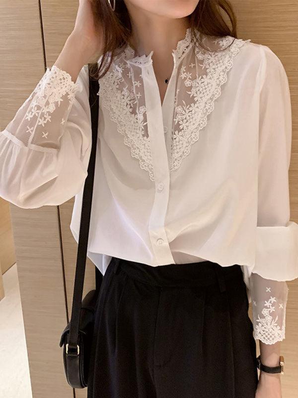 Women's Lace Chiffon Panel Long Sleeve Top - 808Lush