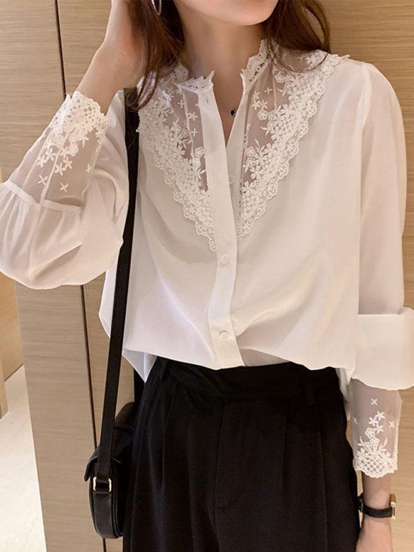 Women's Lace Chiffon Panel Long Sleeve Top - 808Lush