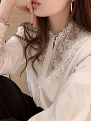 Women's Lace Chiffon Panel Long Sleeve Top - 808Lush