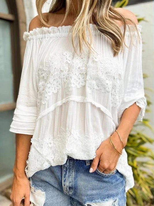 Women's Lace Floral Pullover Round Neck Loose One-Shoulder Lace Shirt - 808Lush