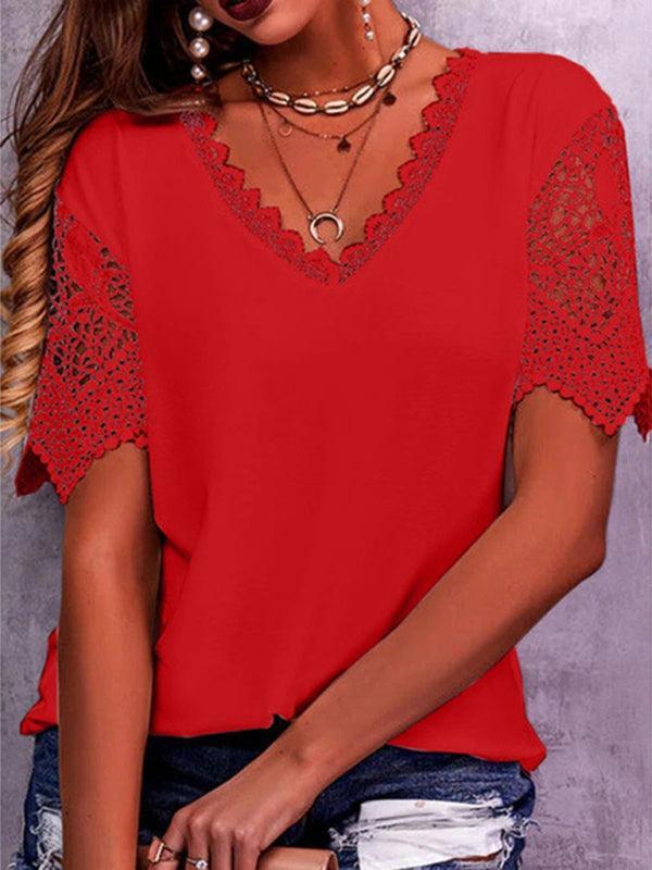 Women's Lace Trim Stitching Loose V Neck Short Sleeve Top - 808Lush