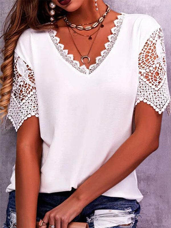 Women's Lace Trim Stitching Loose V Neck Short Sleeve Top - 808Lush