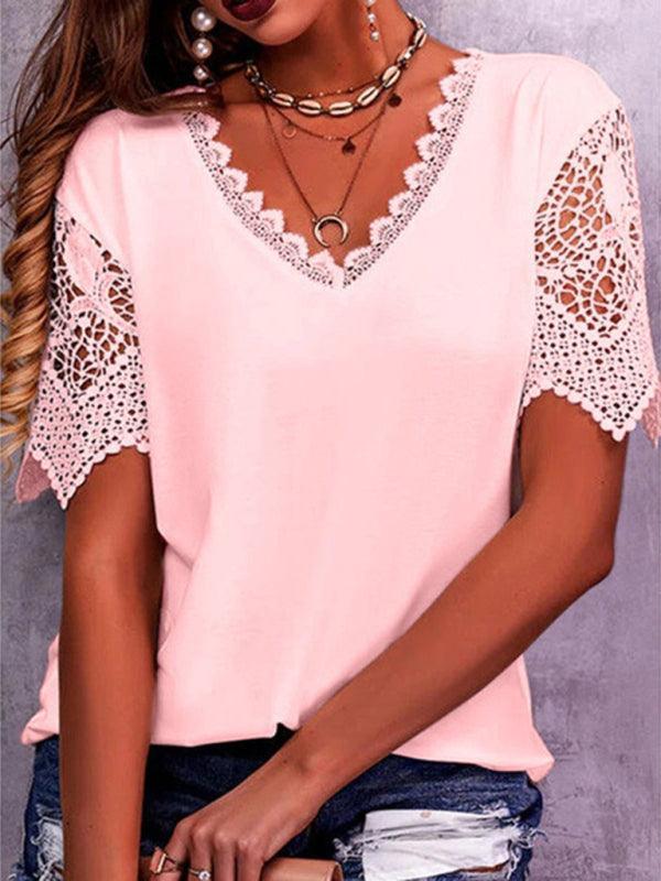 Women's Lace Trim Stitching Loose V Neck Short Sleeve Top - 808Lush