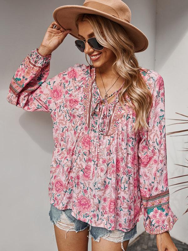 Women's Lace Up Romantic Holiday Print Top - 808Lush