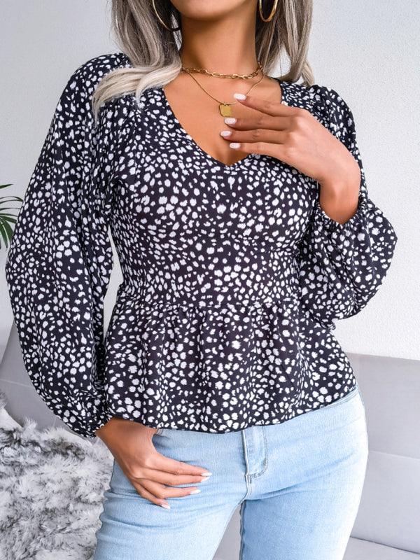 Women's Lantern long sleeve casual leopard Chiffon Shirt Top - 808Lush