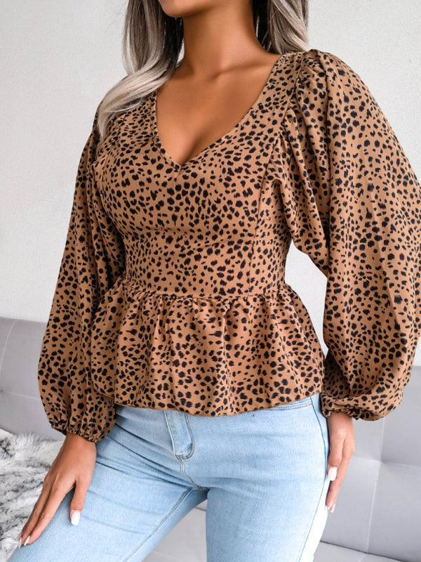 Women's Lantern long sleeve casual leopard Chiffon Shirt Top - 808Lush