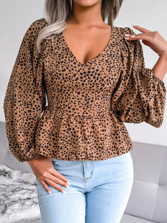 Women's Lantern long sleeve casual leopard Chiffon Shirt Top - 808Lush