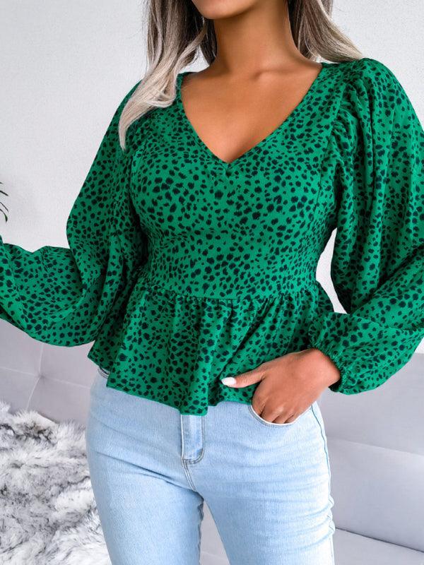 Women's Lantern long sleeve casual leopard Chiffon Shirt Top - 808Lush