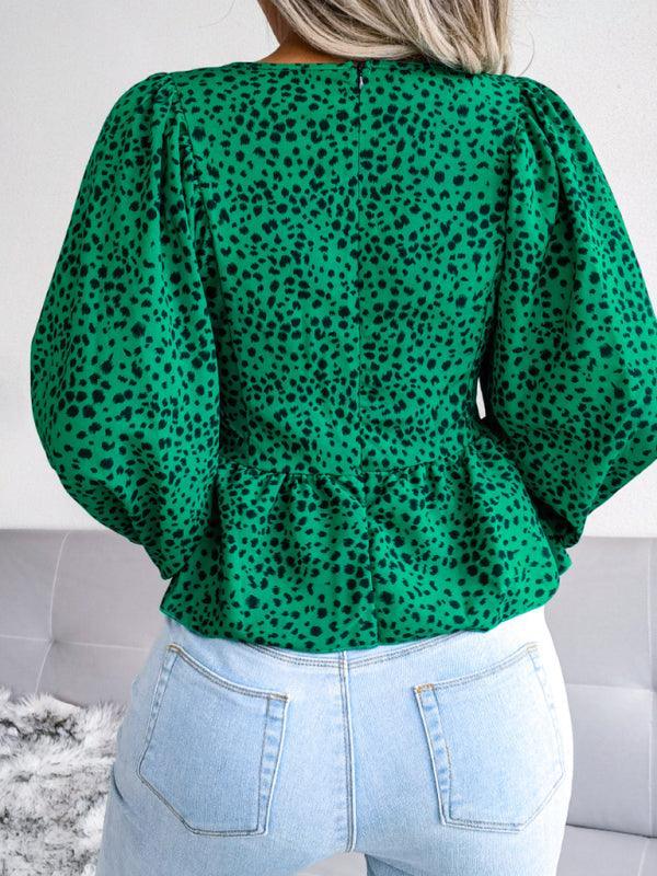 Women's Lantern long sleeve casual leopard Chiffon Shirt Top - 808Lush