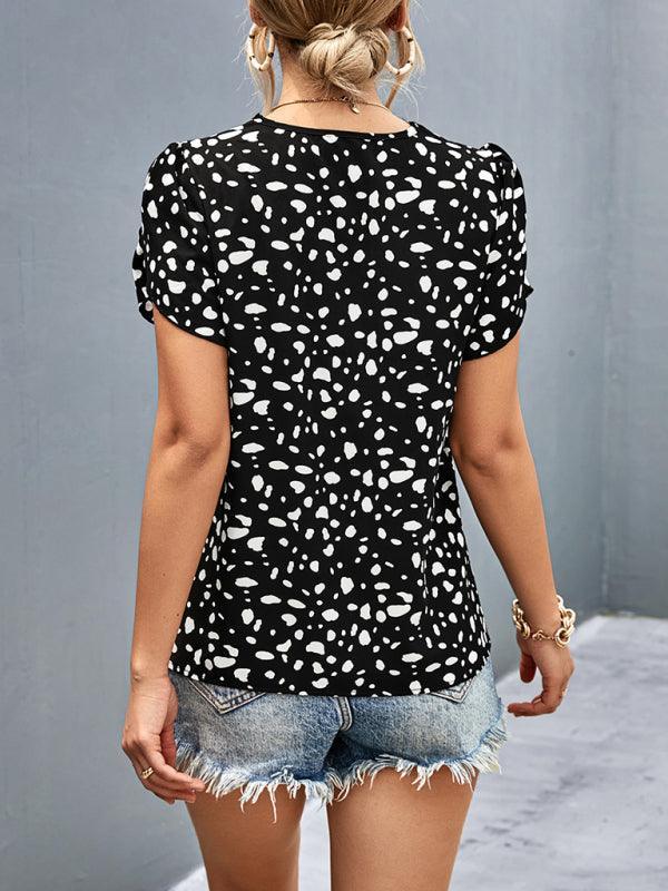 Women's Leopard Print V-Neck Lace Short Sleeve Top - 808Lush