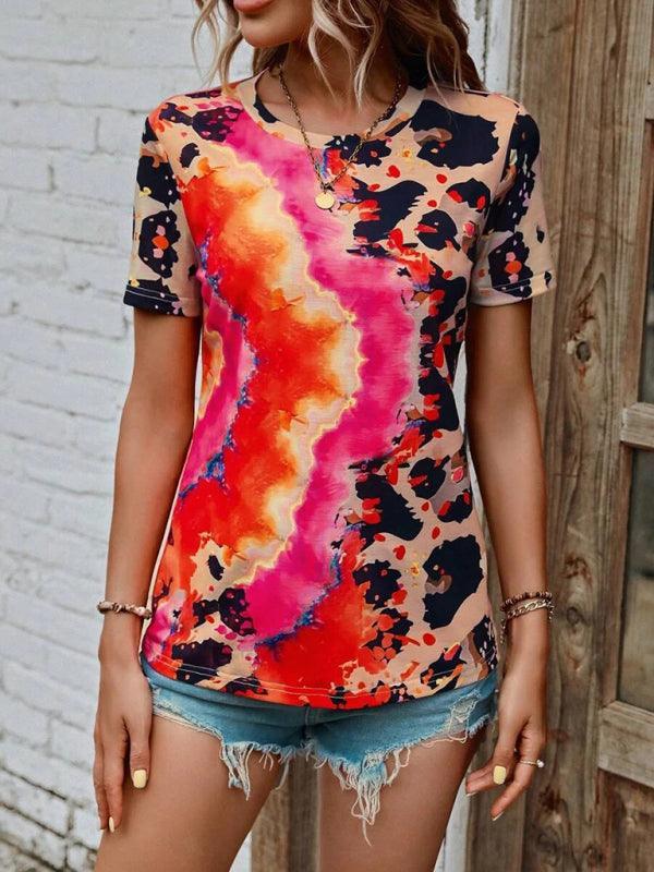 Women's Leopard Printed Round Neck Short Sleeve T-Shirt - 808Lush