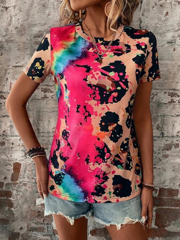 Women's Leopard Printed Round Neck Short Sleeve T-Shirt - 808Lush