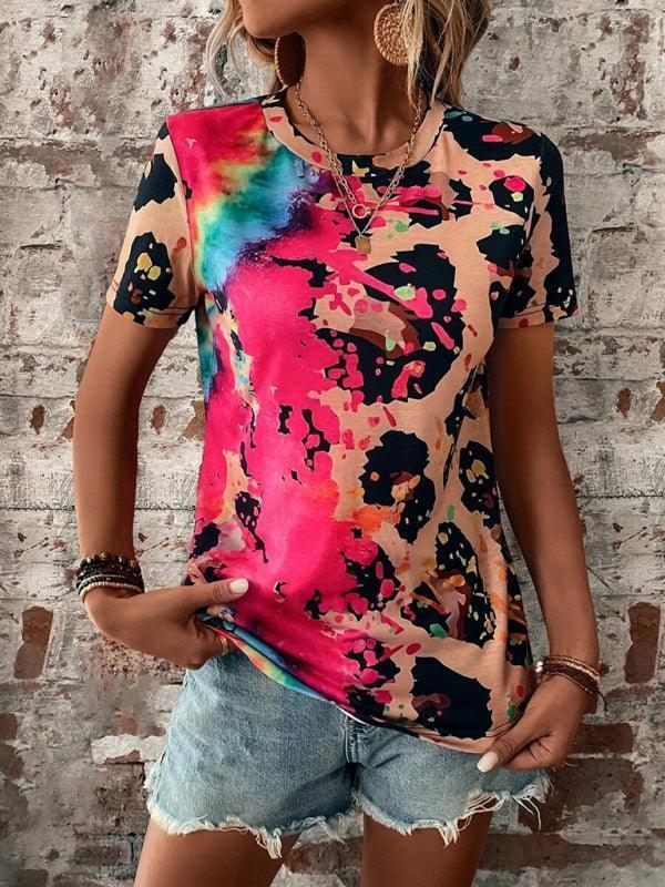 Women's Leopard Printed Round Neck Short Sleeve T-Shirt - 808Lush