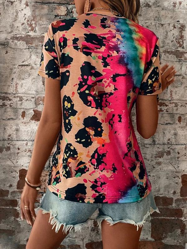 Women's Leopard Printed Round Neck Short Sleeve T-Shirt - 808Lush