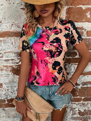 Women's Leopard Printed Round Neck Short Sleeve T-Shirt - 808Lush