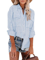 Women's Linen Cotton Washed Water Stripe Single Breasted Long Sleeve Shirt Women - 808Lush