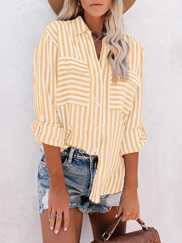 Women's Linen Cotton Washed Water Stripe Single Breasted Long Sleeve Shirt Women - 808Lush