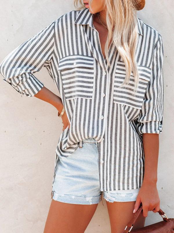 Women's Linen Cotton Washed Water Stripe Single Breasted Long Sleeve Shirt Women - 808Lush