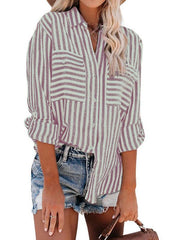 Women's Linen Cotton Washed Water Stripe Single Breasted Long Sleeve Shirt Women - 808Lush