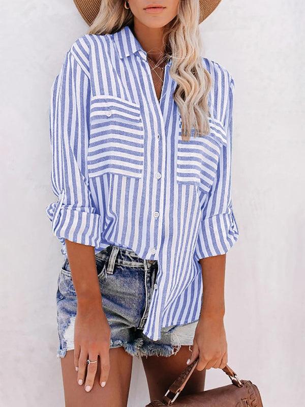 Women's Linen Cotton Washed Water Stripe Single Breasted Long Sleeve Shirt Women - 808Lush