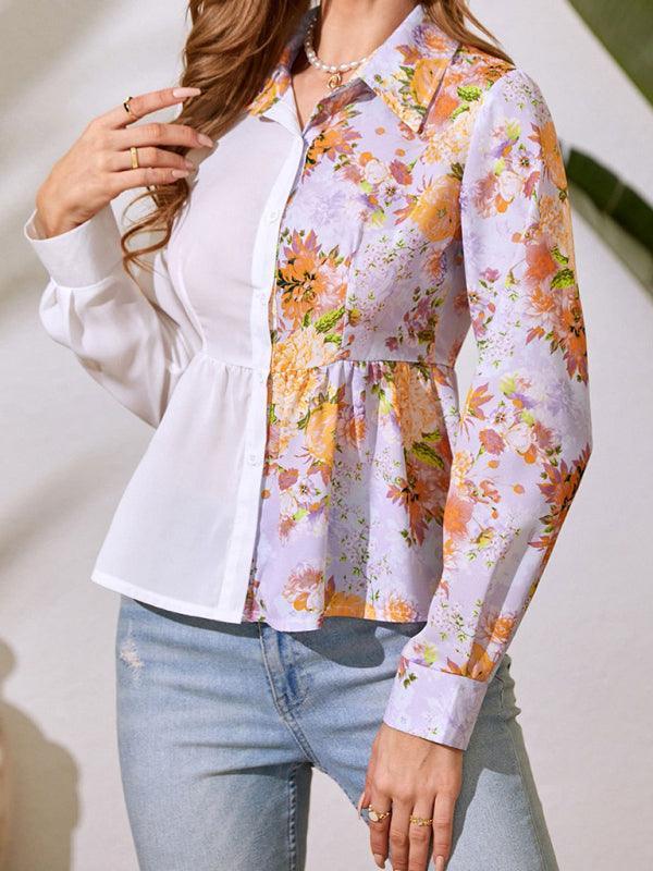 Women's Long Sleeve Floral Chiffon Button Up French Shirt - 808Lush