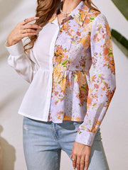 Women's Long Sleeve Floral Chiffon Button Up French Shirt - 808Lush