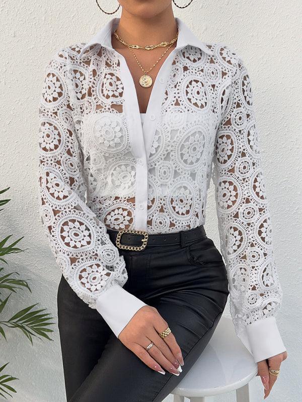 Women's Long Sleeve Lace V Neck Shirt - 808Lush